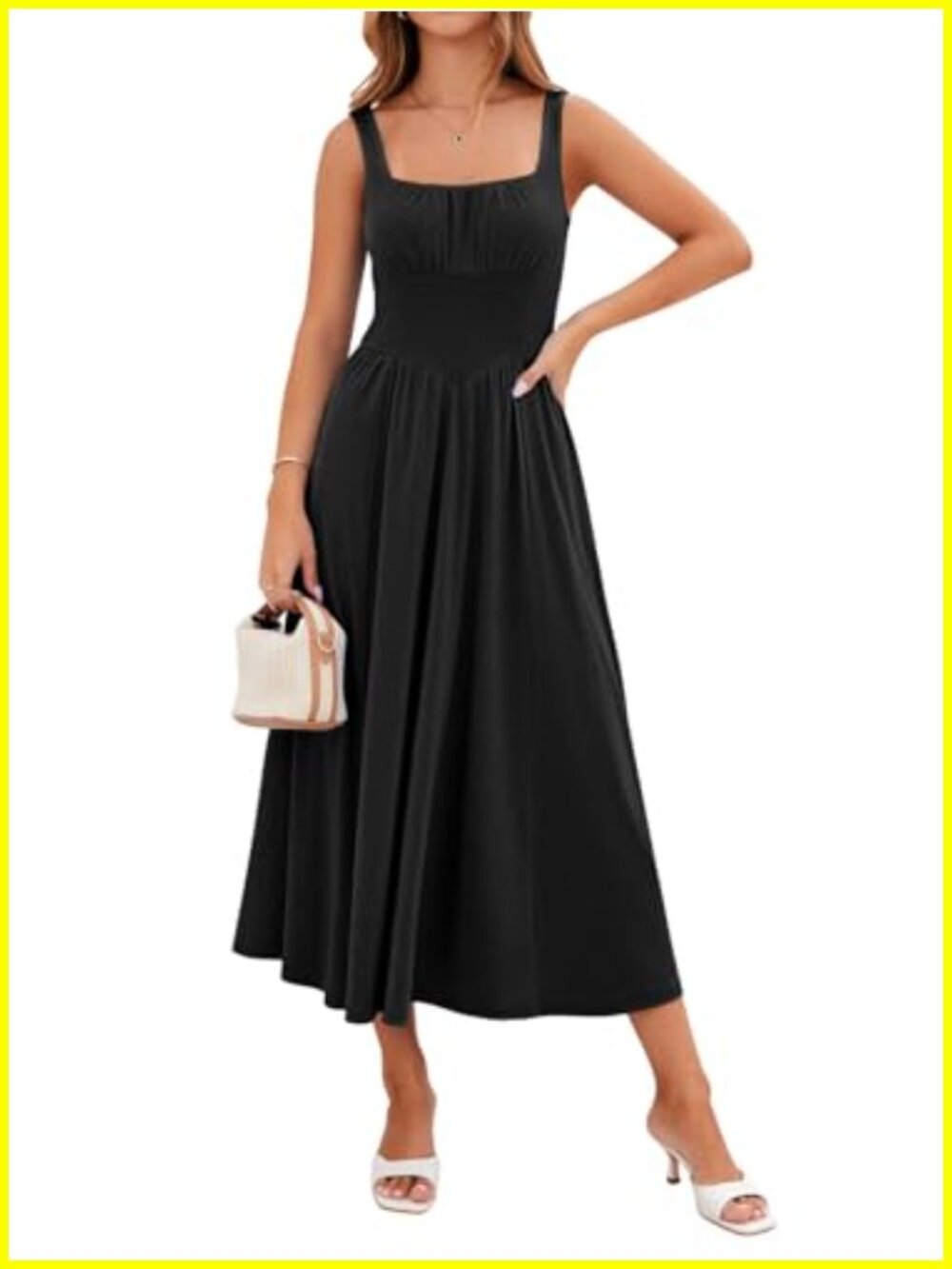 Deep Pockets Square Neck Sleeveless Midi Sundress Flowy A-line Casual
